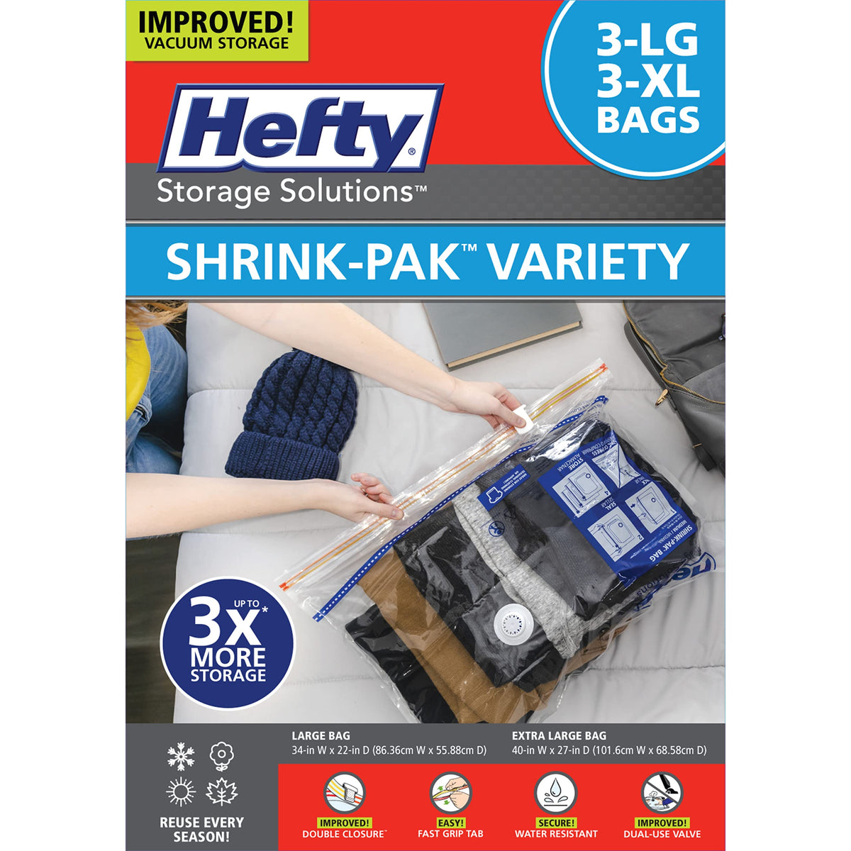 Hefty Shrink-Pak Starter Kit - 2 Large, 1 XL Cube, 1 Jumbo Vacuum Seal Storage Bag and Hand Pump – Space Saver Bags for Clothing, Pillows, Towels, or Blankets, 5 Pc Set