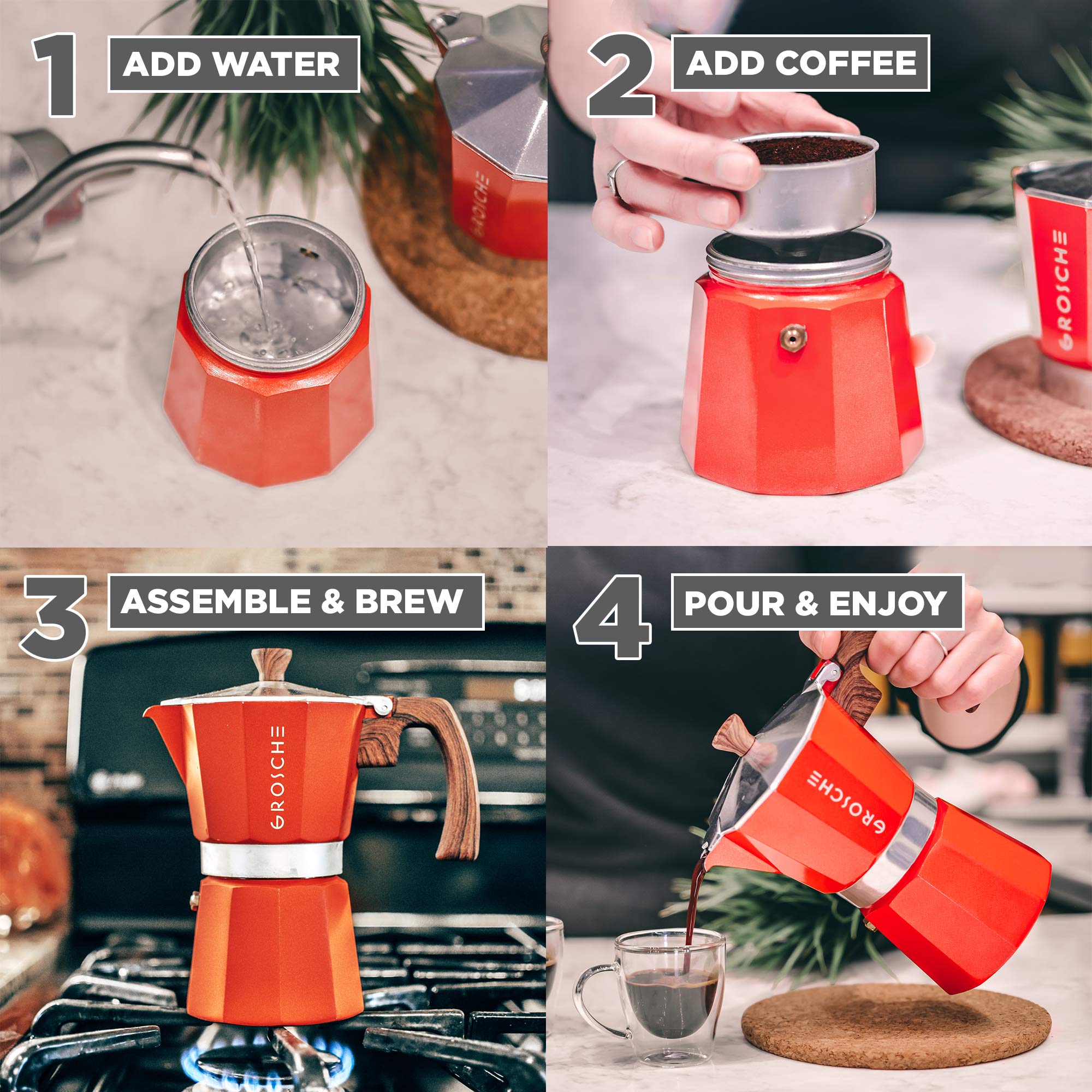 GROSCHE Milano Stovetop Espresso Maker Moka Pot 9 espresso Cup 15.2 oz Red