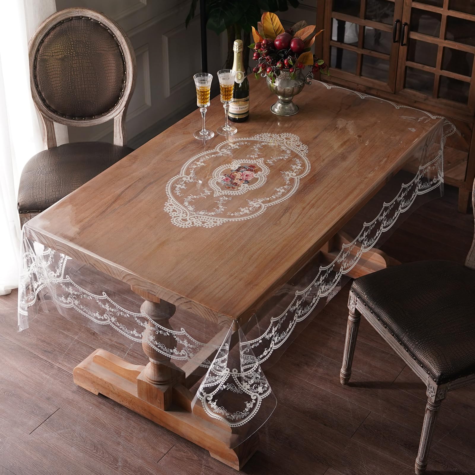 Artbloss Clear Table Cover Protector Plastic Vinyl Table Cloth with White Lace Pattern Oil Spill Proof Plastic Tablecloths for Dining Tables Parties Holidays (French Lace, 60 x 84 Inches)