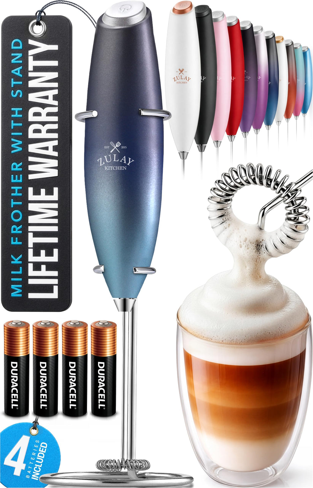 Zulay Kitchen Powerful Milk Frother Wand With Duracell Batteries - Ultra Fast Handheld Drink Mixer - Electric Whisk Foam Maker for Coffee, Lattes, Cappuccino & Matcha - Z1 Motor - Aqua
