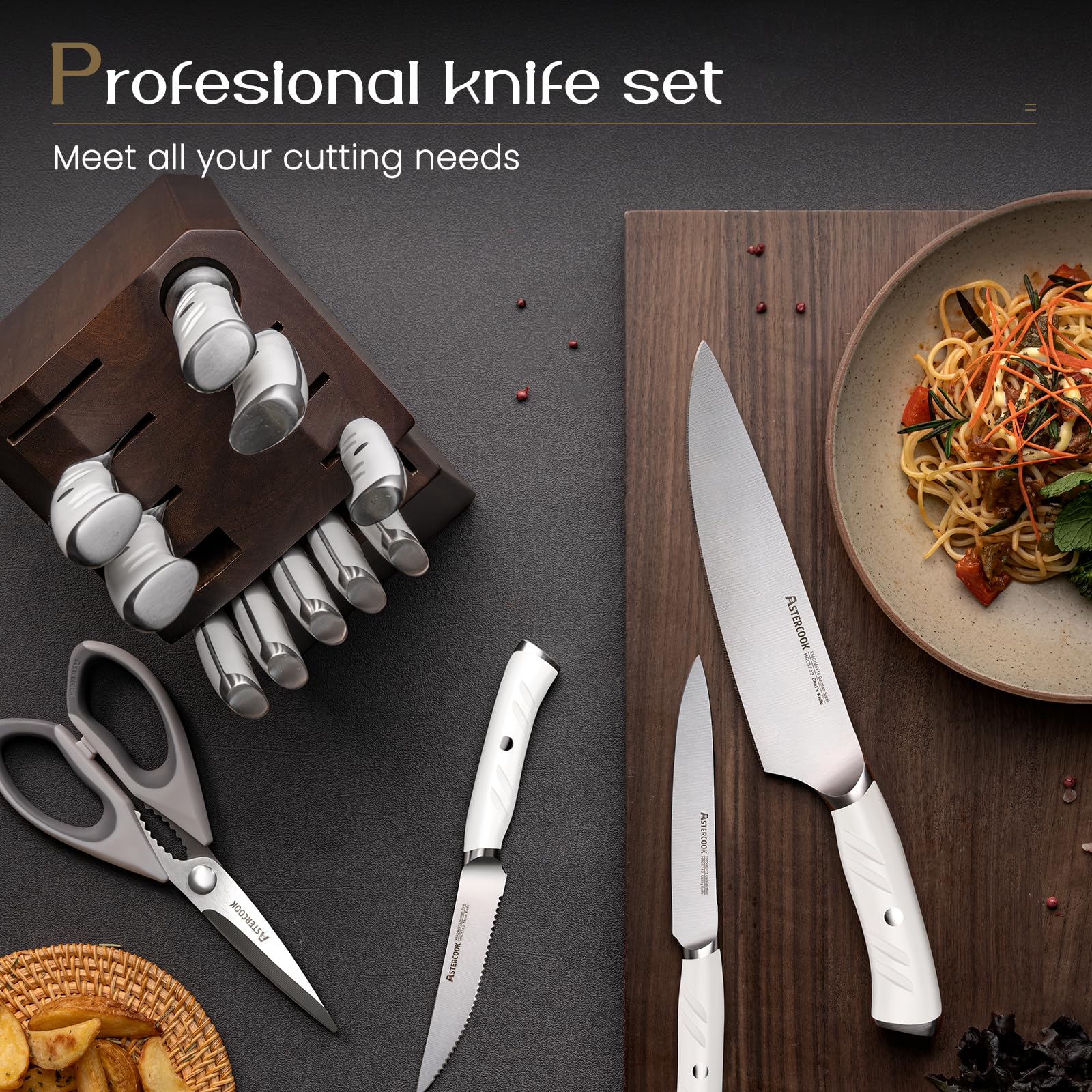 Knife Set, Astercook Kitchen Knife Set with Block, 15 Pcs Luxurious High Carbon German Stainless Steel Knives Set with Full Tang Ergonomic Handle, Dishwasher Safe Knife Set with Sharpening Rod, White