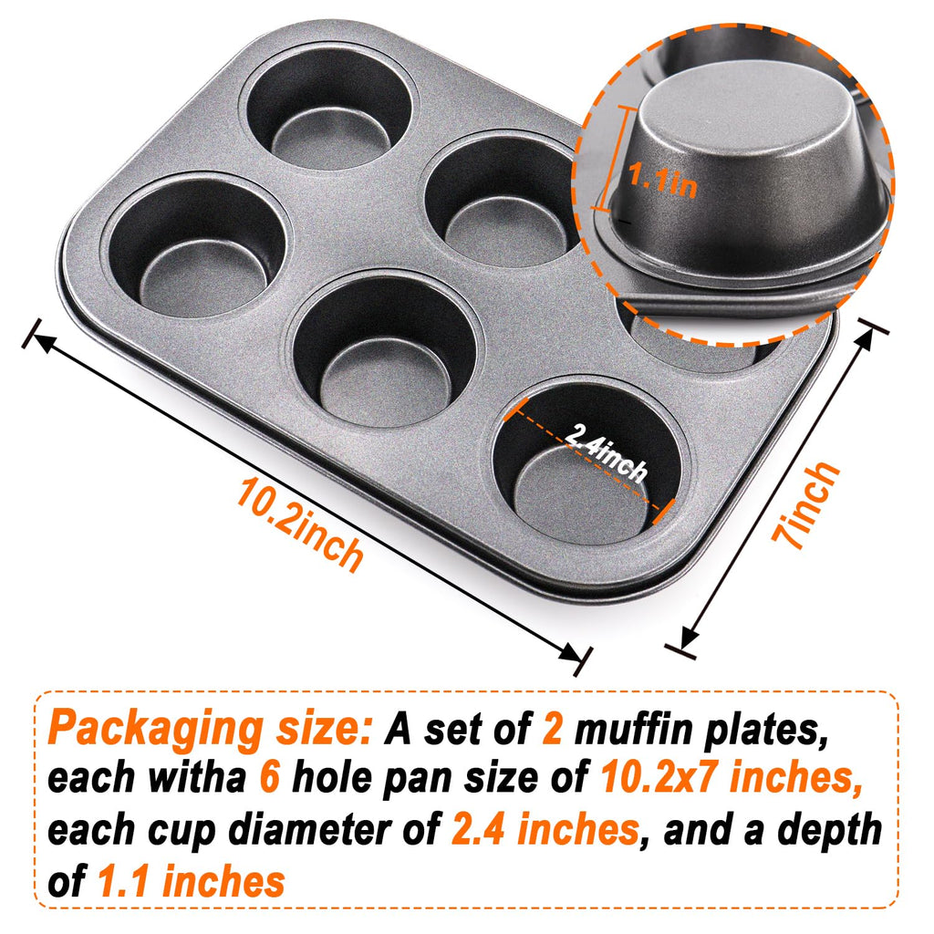 DRAONGYE 2 Packs Round Muffin Baking Pan, Premium Steel Muffin Pan for Baking, Cupcake Tin Cheesecake Pans, Bakeware Muffin Top Pan (6 Cups,Black)