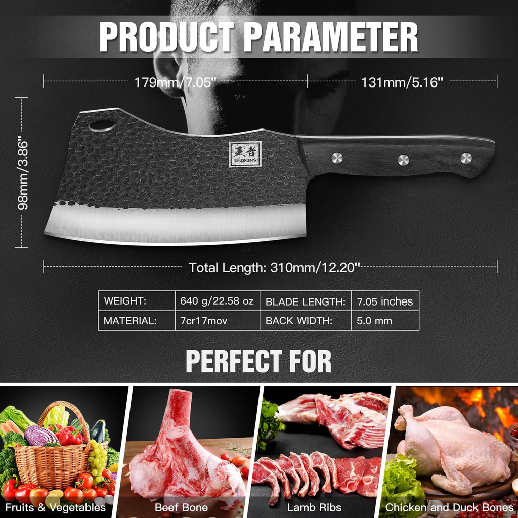 ENOKING 7.1″ Butcher Knife & Chef’s Knives – Hand Forged High Carbon Stainless Steel, Full Tang Meat Cleaver for Kitchen & Outdoor Meat Cutting