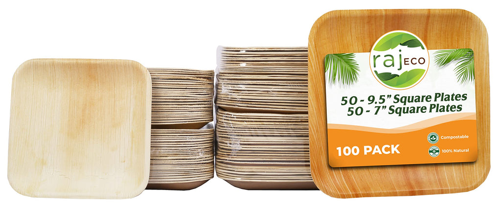 Raj Bamboo Plates Disposable, Decorative Compostable Tableware for wedding, Lunch, Dinner, Birthday, Camping, Outdoor BBQ, Picnic (9.5"x50 7"x50 (100 Pack))