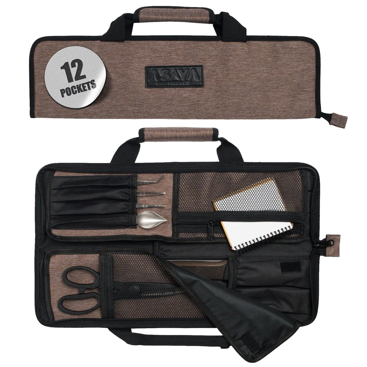 Asaya Chef Knife Roll Bag - 12-Pocket Chefs Case for Kitchen Knives and Utensils, Lightweight Stain-Resistant Waxed Nylon Chef Knife Bag - Knives Not Included (Grey)