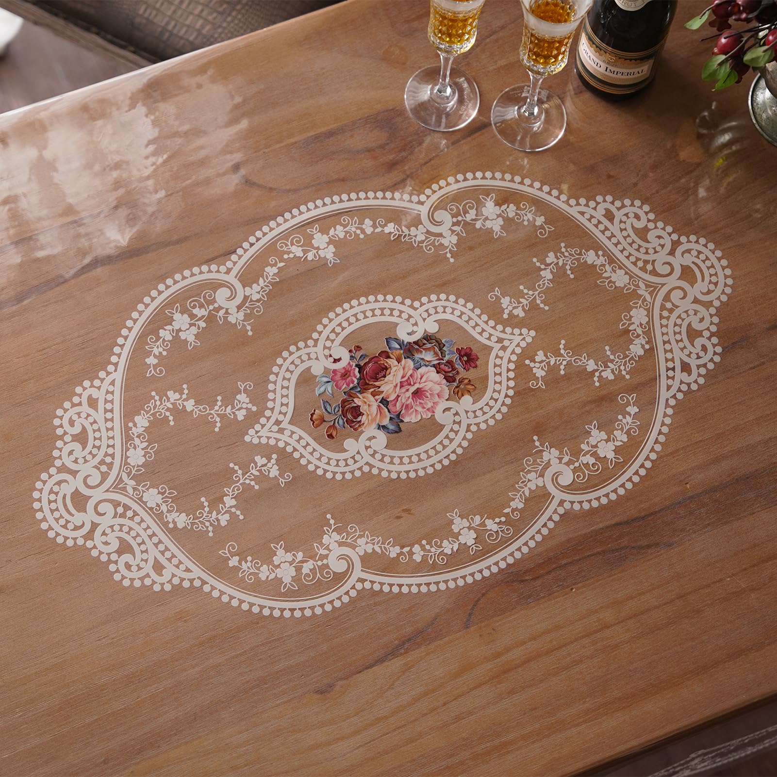 Artbloss Clear Table Cover Protector Plastic Vinyl Table Cloth with White Lace Pattern Oil Spill Proof Plastic Tablecloths for Dining Tables Parties Holidays (French Lace, 60 x 84 Inches)