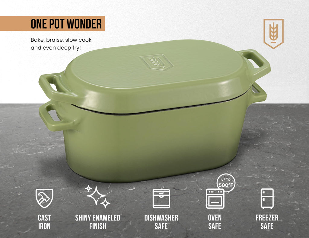 KooK Oval Dutch Oven, for Bread Baking, Sourdough Loaf Pan, Dual Handles, Enameled Cast Iron, with Sling, Dishwasher Safe, 3.4 Qt, Sage Ombre