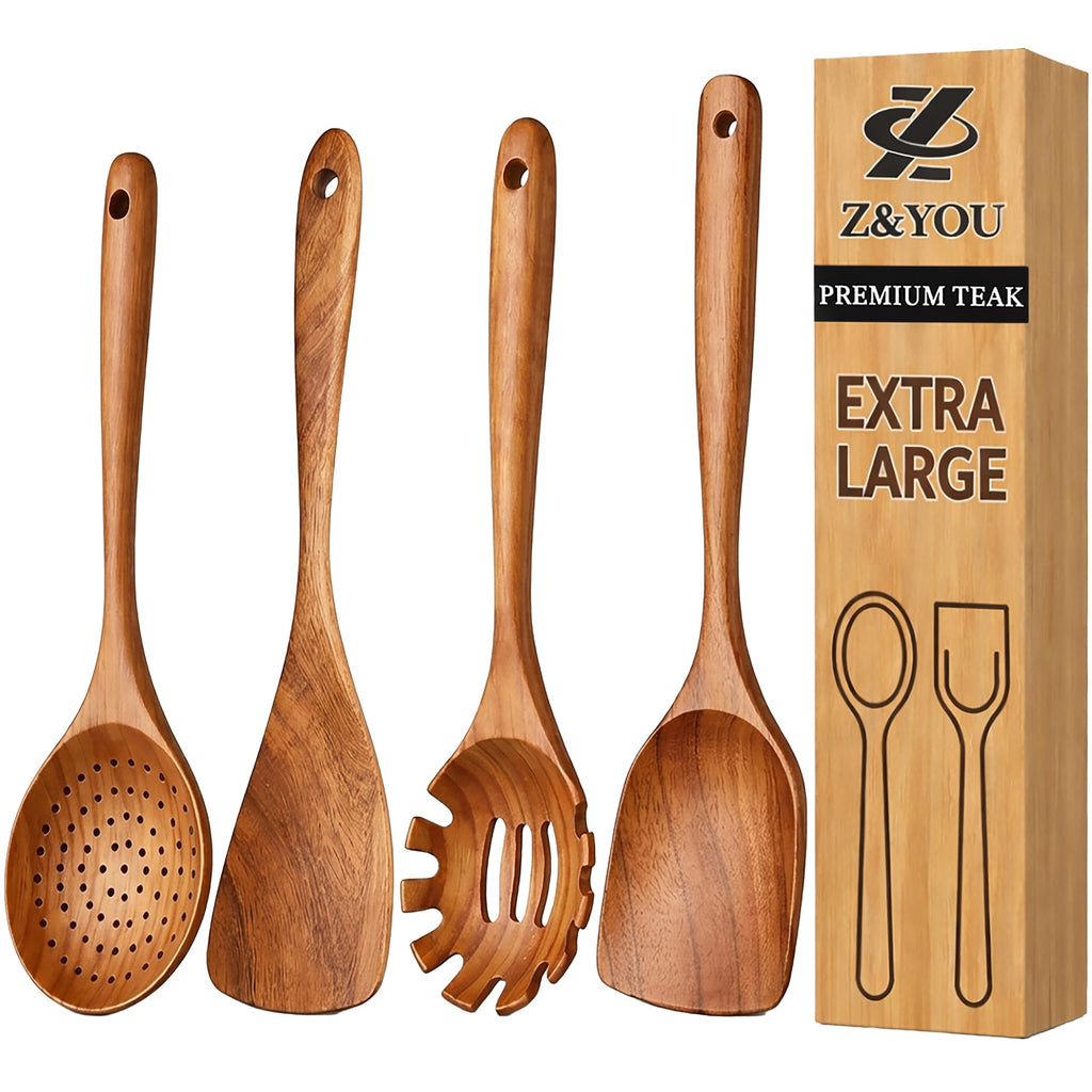 9-Piece Teak Wooden Utensil Set – Wooden Spoons for Cooking with Spoon Rest, Wooden Spatula, and Non Toxic Cooking Utensils – Premium Kitchen Utensils Set for Daily Use