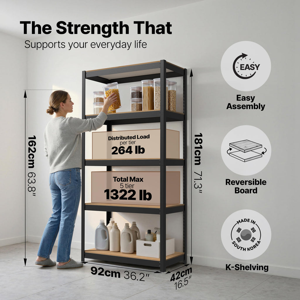 HOMEDANT House 36.2" W 5 Tier Heavy Duty Garage Shelving Adjustable Metal Rack Storage Shelves Standing Shelf Unit Organizers Pantry Closet Office Black 1Pack