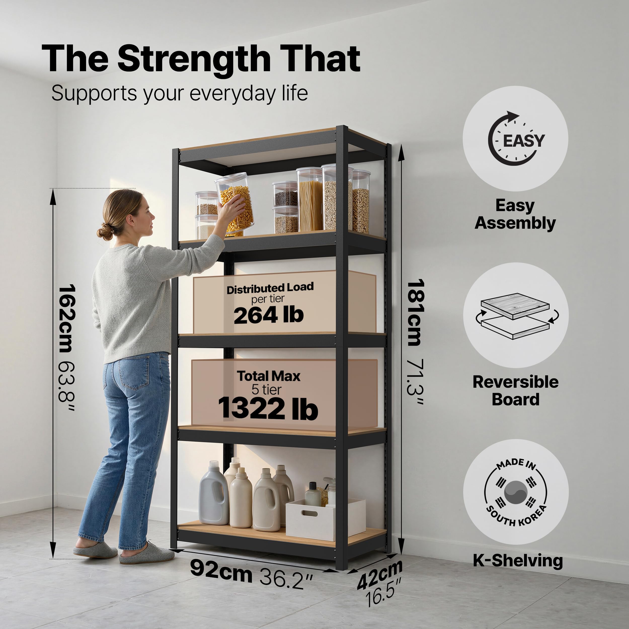 HOMEDANT House 36.2" W 5 Tier Heavy Duty Garage Shelving Adjustable Metal Rack Storage Shelves Standing Shelf Unit Organizers Pantry Closet Office Black 1Pack