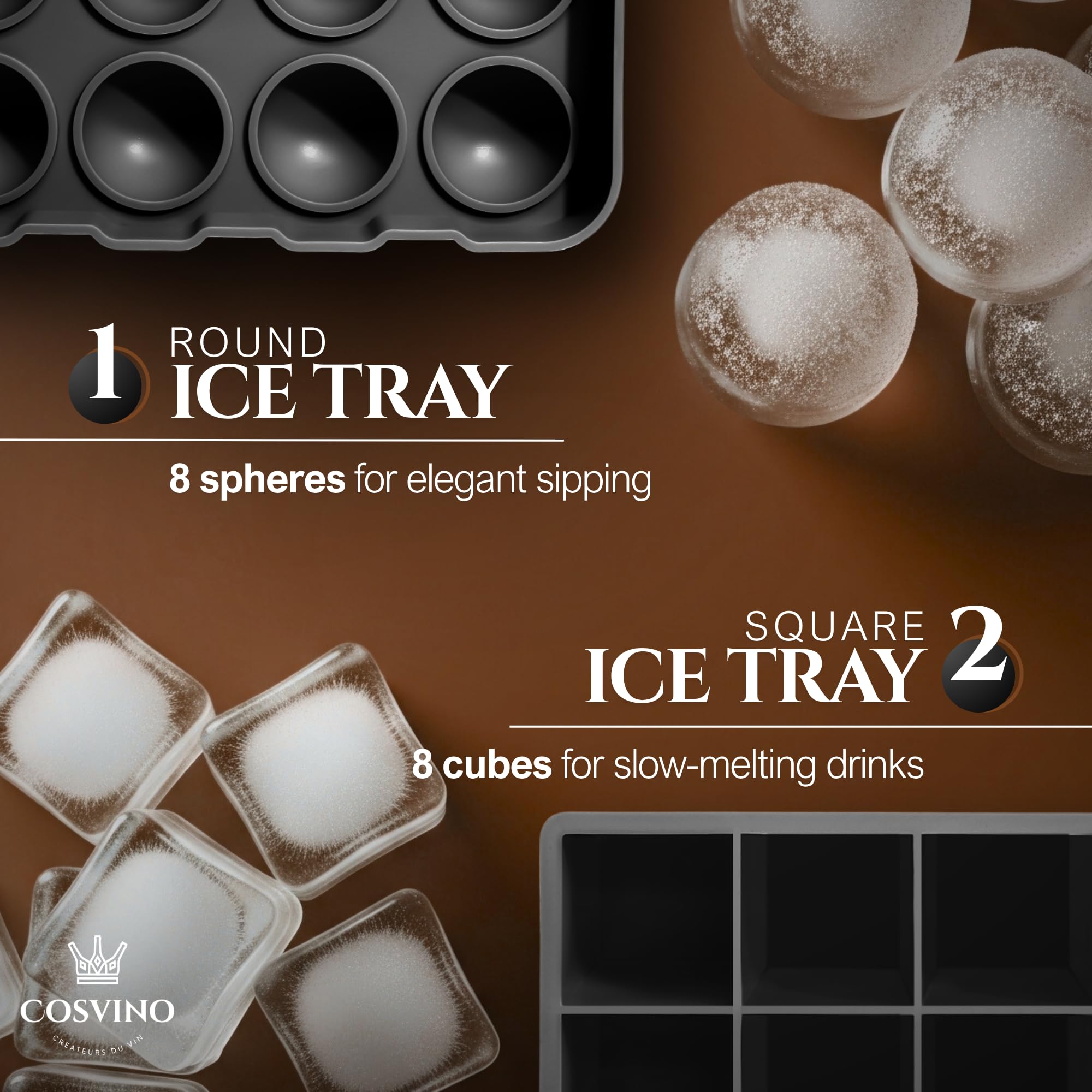 Large Ice Cube Trays Perfect for Whiskey and Summer Drinks - Italian Design - 2 Pack (16 x Ice Cubes | Square and Round | XL size) - Cosvino - Removable Lid, Easy Release (Tuxedo Black)