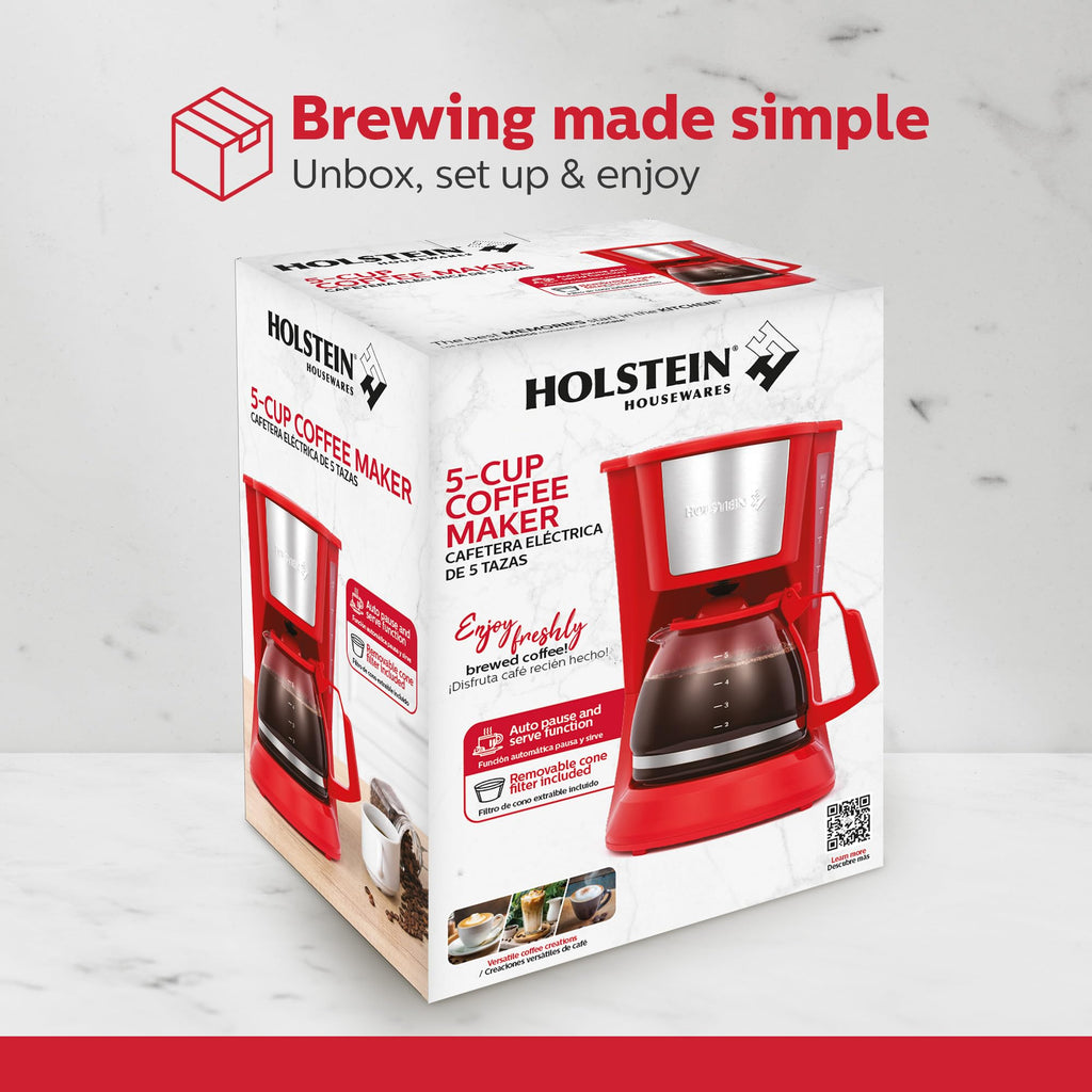 Holstein Housewares 5 Cup Drip Coffee Maker – Compact and User-Friendly with Auto Pause & Serve, Reusable Filter, Measuring Spoon & Glass Carafe, Office & Dorm Use, Red