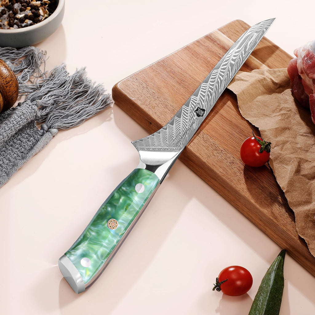 WILDMOK 7 inch Damascus Fillet Knife, Japanese Damascus Steel Boning, Carving, Deboning, Full Tang Resin Handle, Gift Box