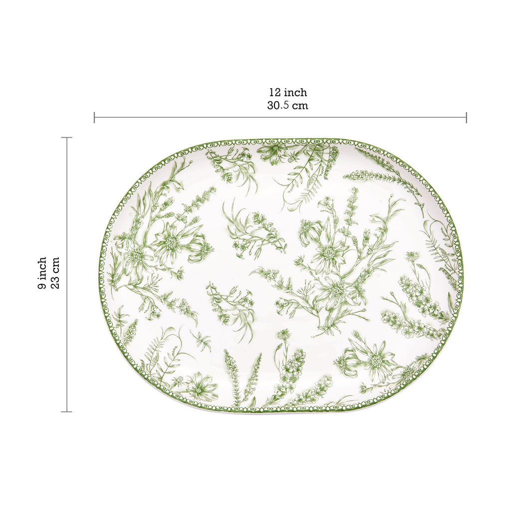 Bico Green Garden Toile De Jouy 16 plus 12 inch Oval Platters Set, Set of 2, Microwave and Dishwasher Safe, for Serving Fish, Chicken, Turkey