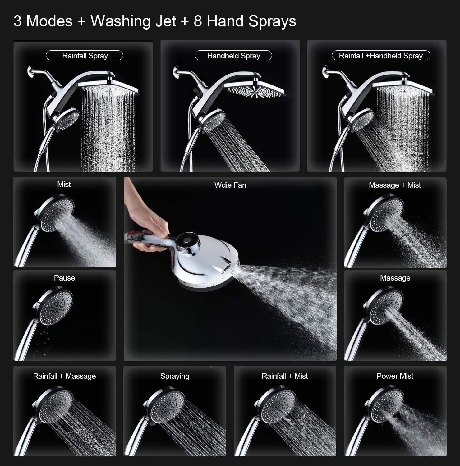 12" High Pressue Rain Shower Head with Handheld, 9 Sprays Hand Showerhead