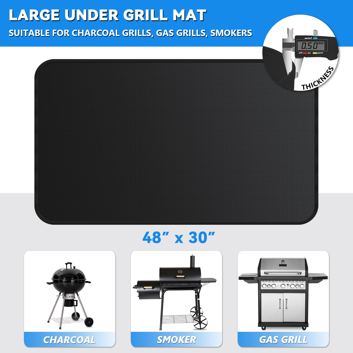 GRIBUDDY 48 x 30 inch Under Grill Mats for Outdoor Grill, Double-Sided Fireproof Deck Patio Protector Mat, Waterproof Oil-Proof BBQ Floor Pad Indoor Fire Pit Fireplace Mat