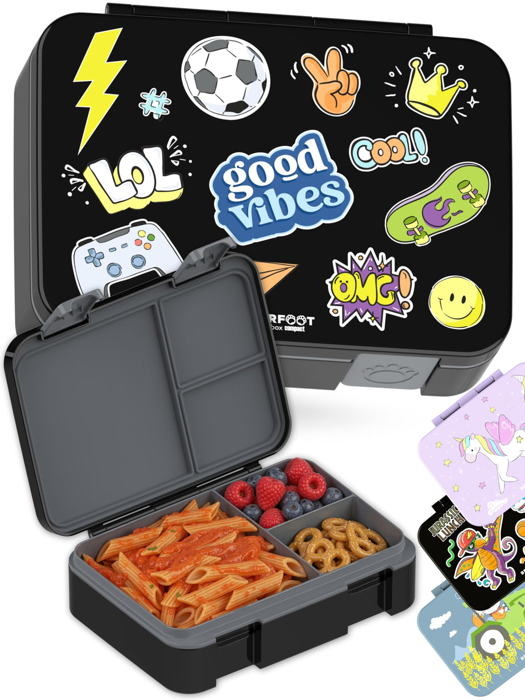 BEARFOOT Kids Lunch Box with Compartments – Compact & Lightweight | Leak-Proof, BPA-Free, Dishwasher Safe | Hand-Drawn Design for Preschool, School, Travel (Sticker Purple, 2.75 Cups)