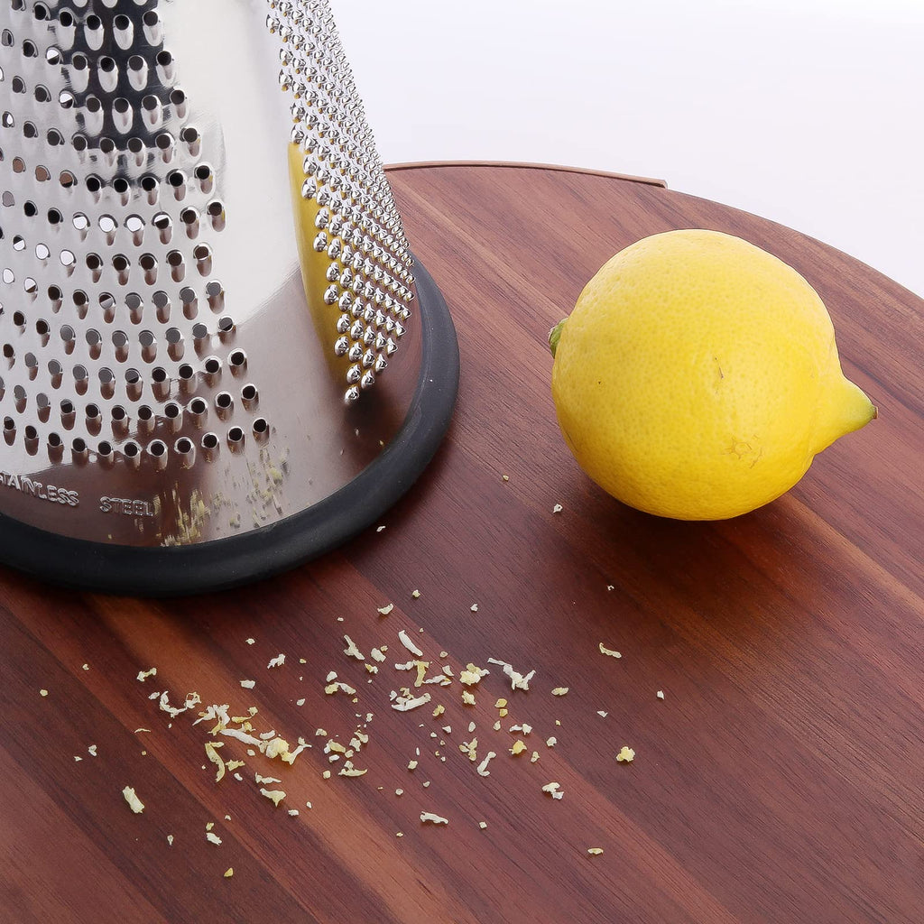 Cone Cheese Grater with Handle - Stainless Steel Triple Function Wood Handle Parmesan Shaver Non-Slip Rubber Bottom Hand Held Multifunction Vegetables Cheese Grater with container (M: 9.4" X 4.3")