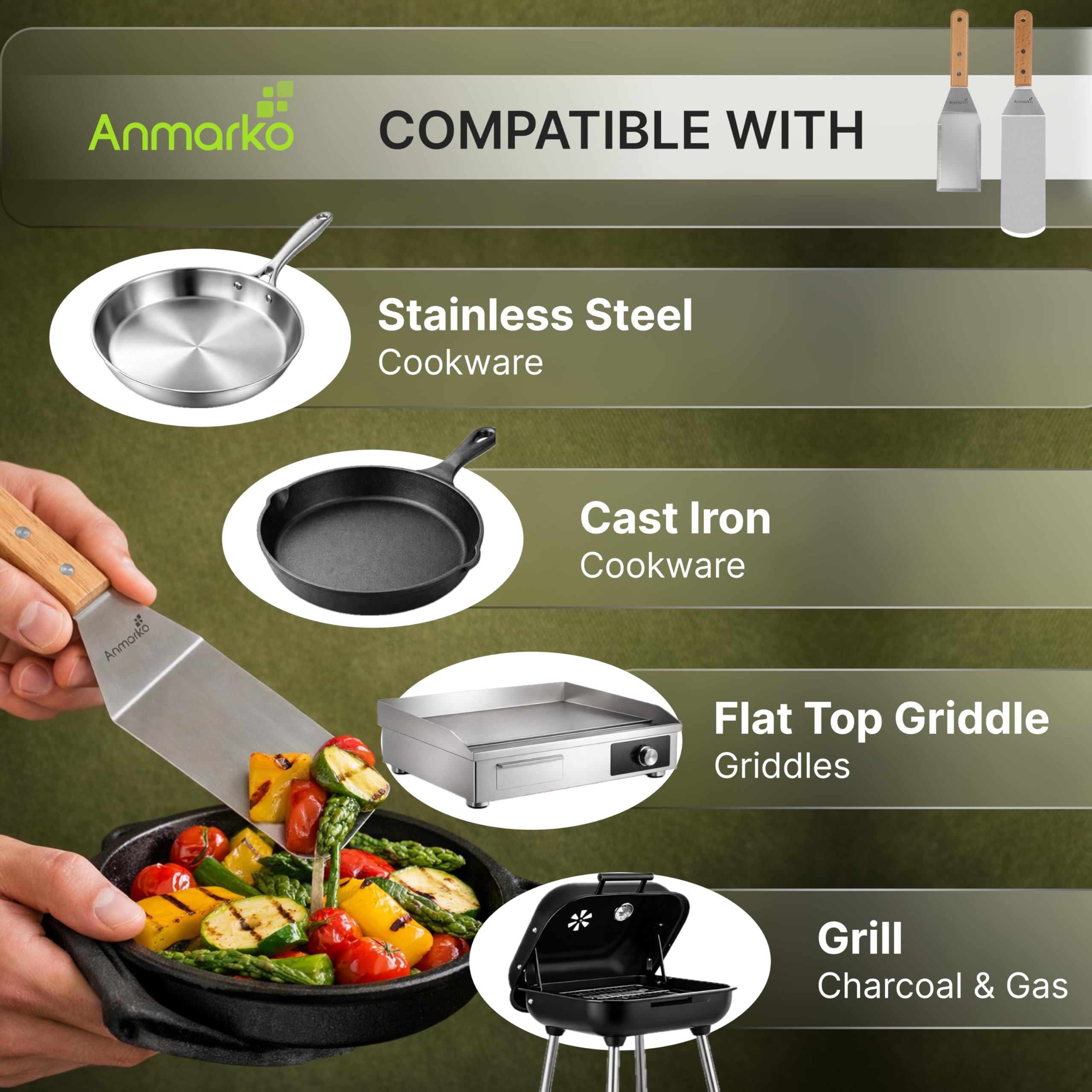 Anmarko Professional Griddle Spatula Set - Stainless Steel Metal Spatula and Griddle Scraper - Heavy Duty Commercial Grade
