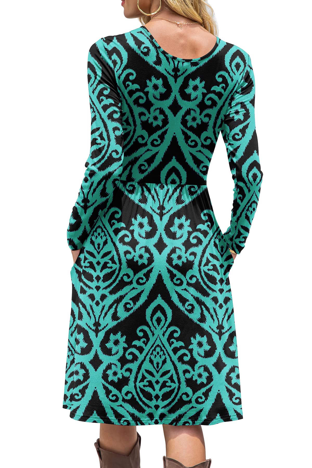 DB MOON Women Casual Long Sleeve Dresses Empire Waist Knee Length Loose Dress with Pockets (Black and Green, XL)