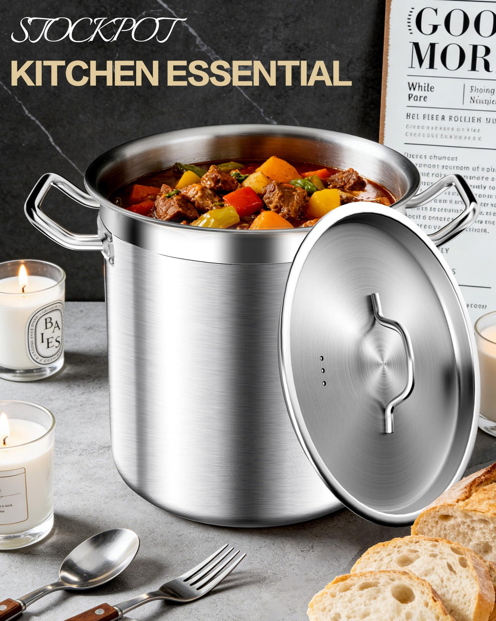 STOCKPOT 20 Quart Soup Pot with Lid – Stainless Steel Stock Pot, Heavy Duty Cooking Pot for Soup, Pasta, Stew – Induction & Oven Safe, Commercial & Home Use