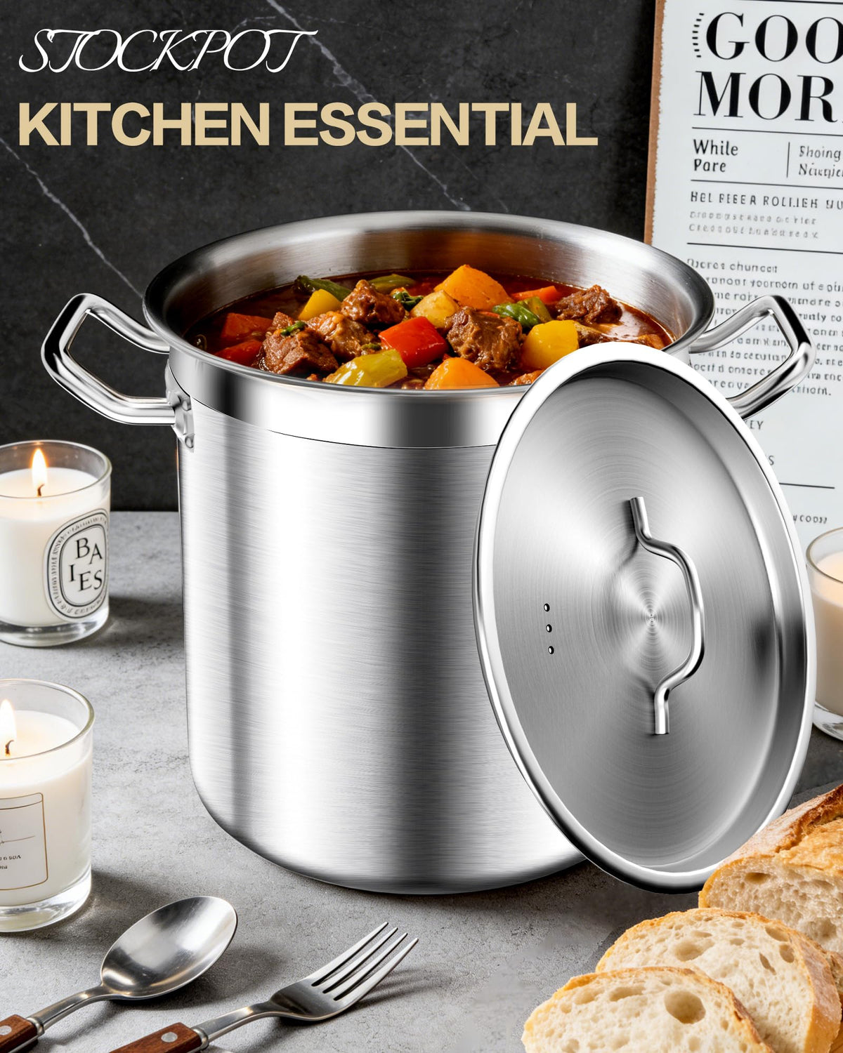 STOCKPOT Extra-Large Stainless Steel Stock Pot – Commercial Heavy Duty Soup Pot with Lid, 3-Ply Base for Fast Heating, Ideal for Seafood Boils and Outdoor Cooking - 100 Quart
