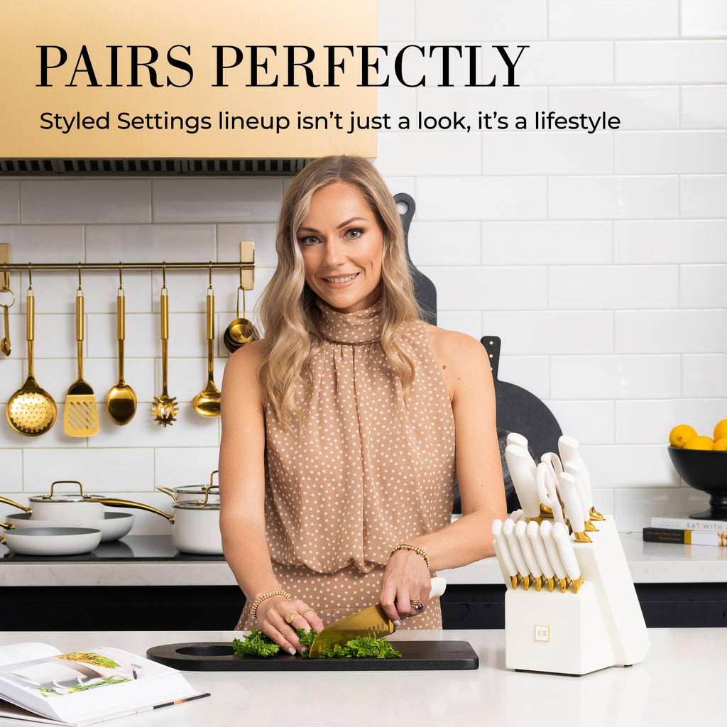 Styled Settings White and Gold Knife Set with Block and Sharpener 14-Piece