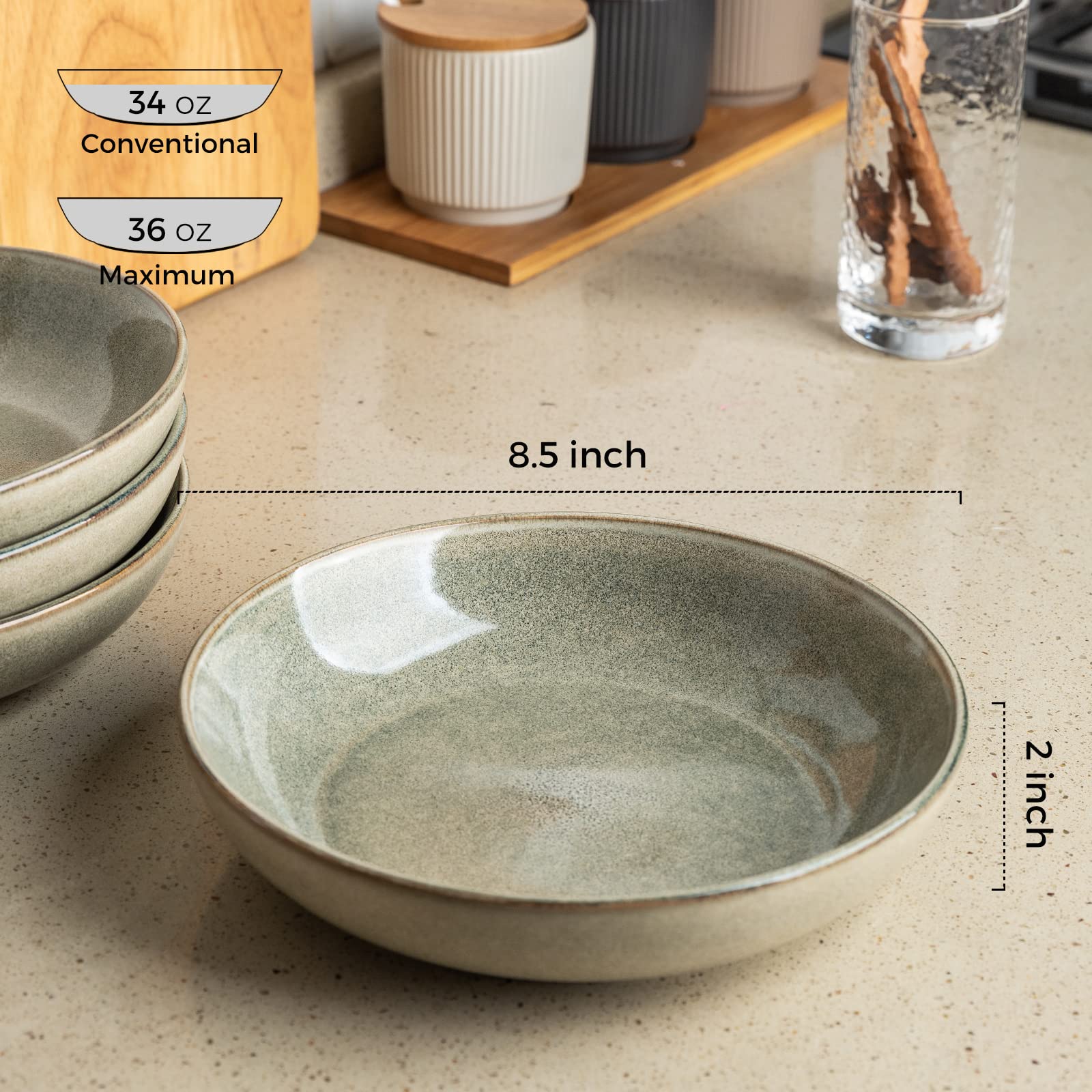 AmorArc 8.5'' Large Pasta Bowls, 36oz Stoneware Pasta Serving Bowls Set of 6 for Kitchen, Wide Bowls for Pasta,Salad,Oatmeal, Microwave Safe, Reactive Glaze