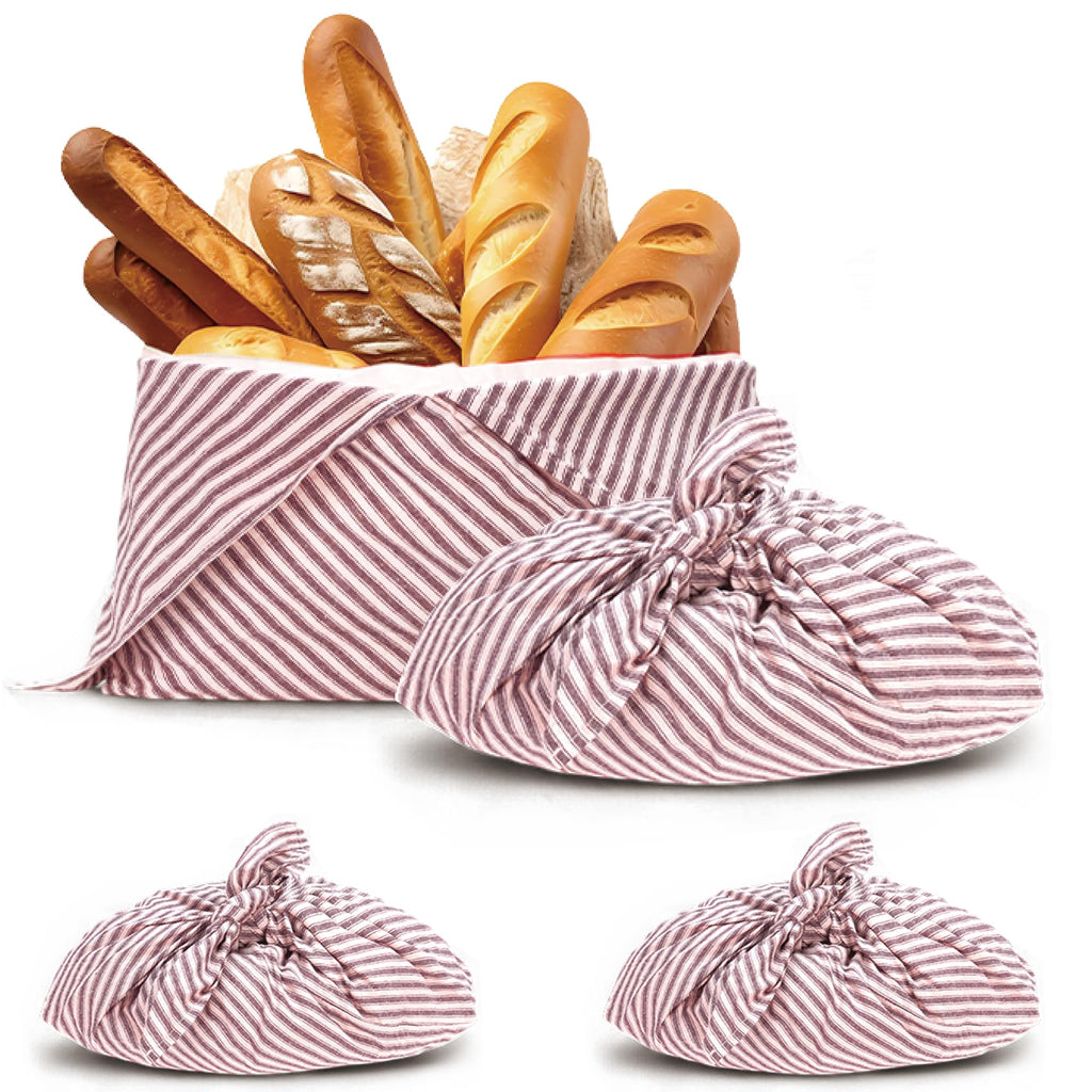yeload 2 Pack Beeswax Bread Bags, Striped Linen Bento Bags, 14" Cotton Loaf Bag, Reusable Organic Food Storage, Sourdough Bag, Rustic Farmhouse Azuma Bukuro Origami Wrap for Baked Gifts (Red, 2)