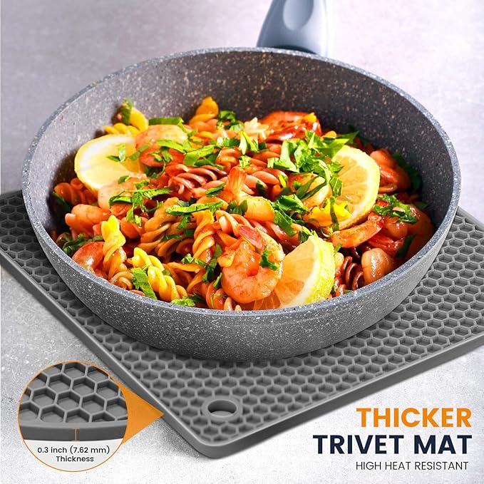 Silicone Trivet Mats 4 Heat Resistant Pot Holders Multipurpose Non-Slip Hot Pads for Kitchen Potholders, Drying mat, Jar Opener, Spoon Holder, Coaster.(Grey)
