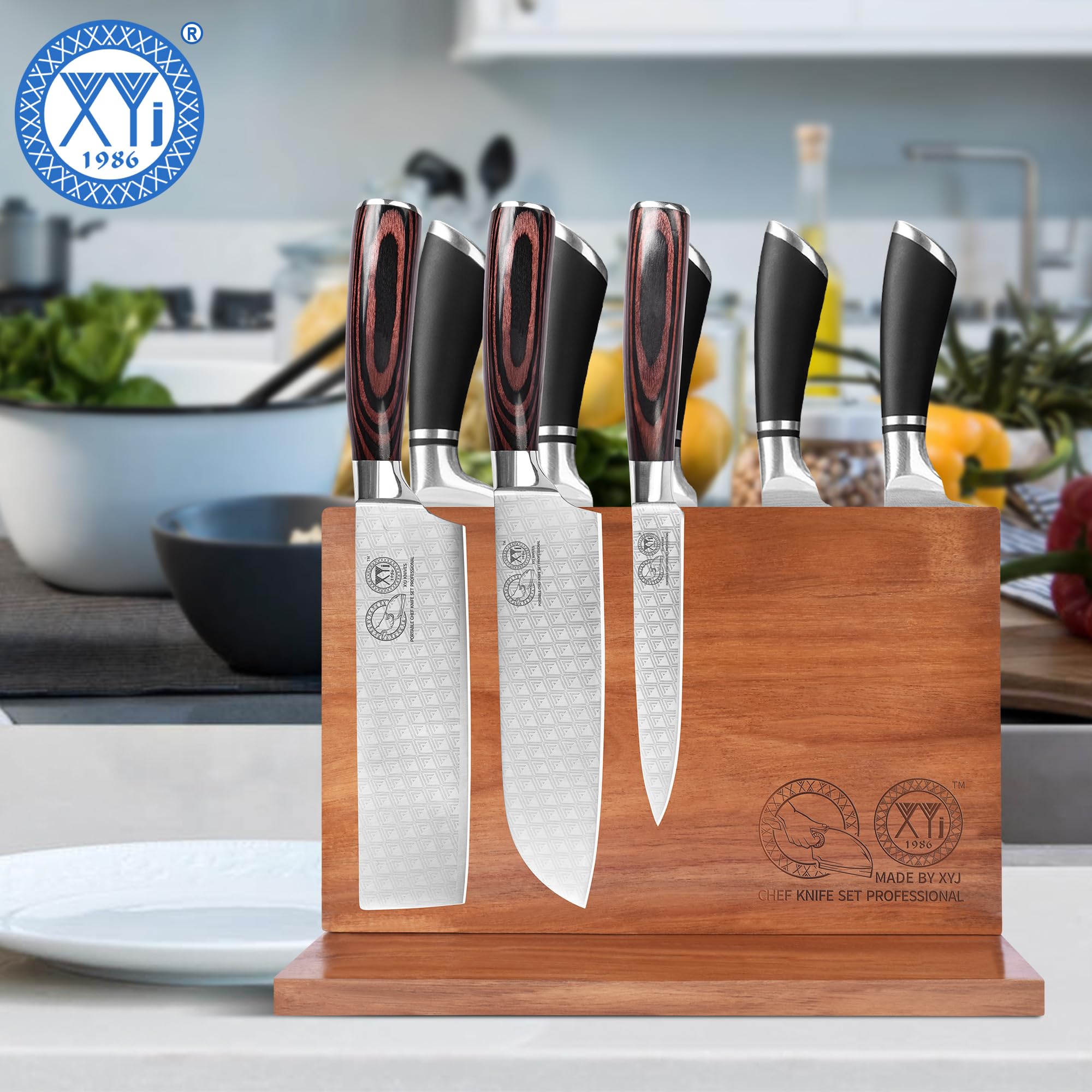 XYJ Magnetic Knife Block, Acacia Wood Knife Holder with Strong Magnets