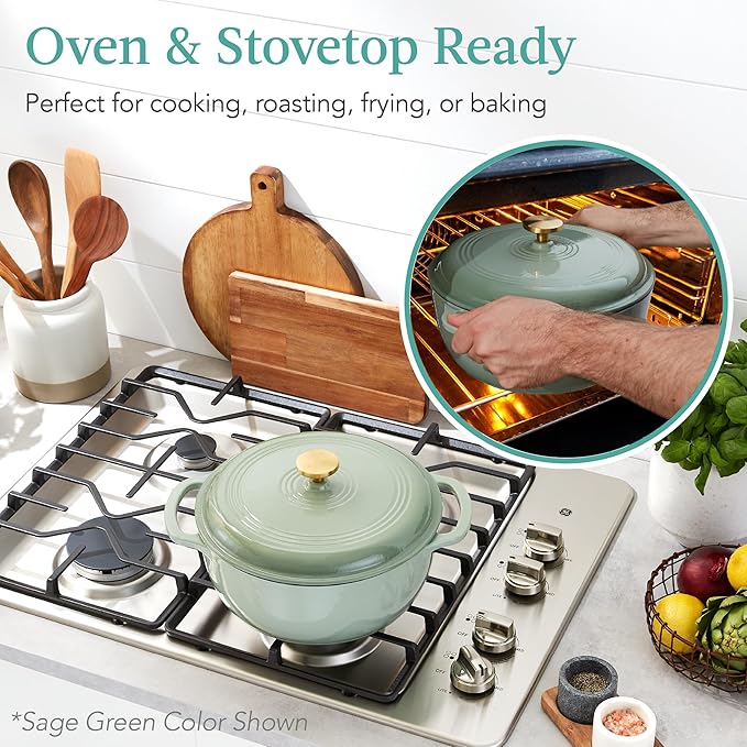 Best Choice Products 7.5 Quart Enamel Cast-Iron Round Dutch Oven, Family Style Heavy-Duty Pre-Seasoned Cookware for Home, Kitchen, Dining Room, Oven Safe w/Lid, Dual Handles - Deep Olive Green