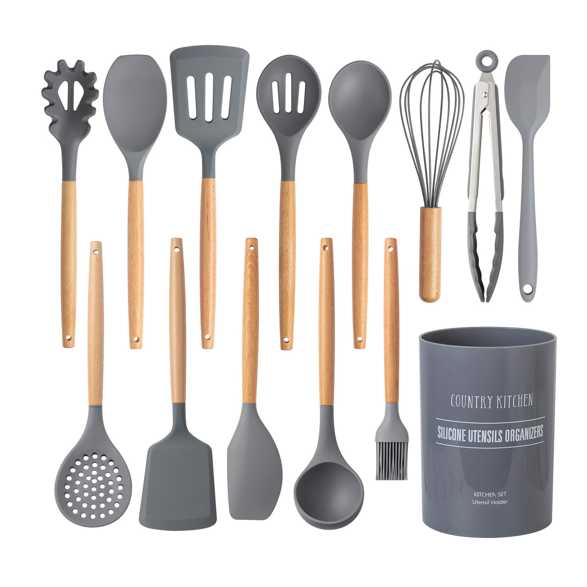 Country Kitchen Non Stick Silicone Utensil Set with Rounded Wood Handles for Cooking and Baking, 6 Piece Set, Black