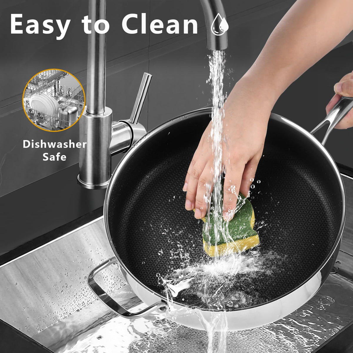 SAKAMOSH 5.6 Qt Hybrid Nonstick Deep Sauté Pan & Lid, 12" Stainless Steel