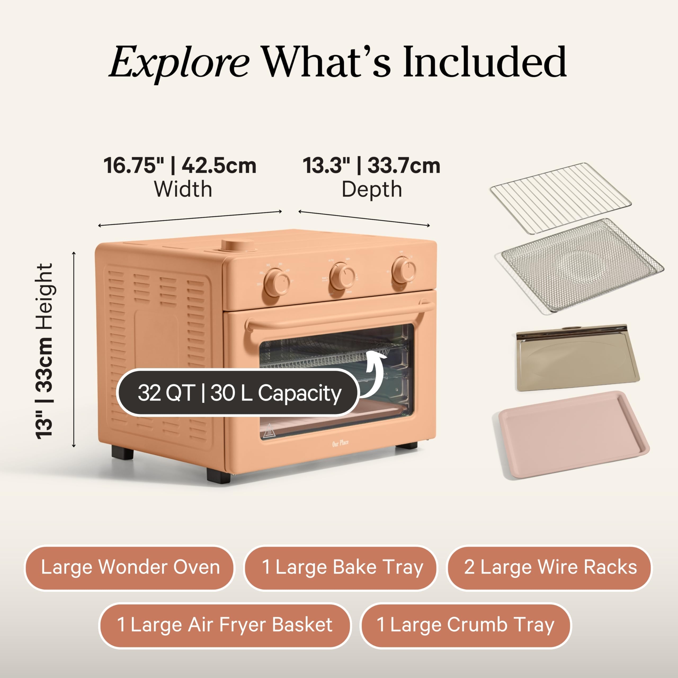 Our Place Large Wonder Oven | 6-in-1 Stainless Steel Air Fryer Toaster Oven Combo with Basket, Rack, Pan & Tray | 3-Rack, 31.7 QT, Large Capacity - Toast, Roast, Bake, Reheat, Broil & Steam | Spice
