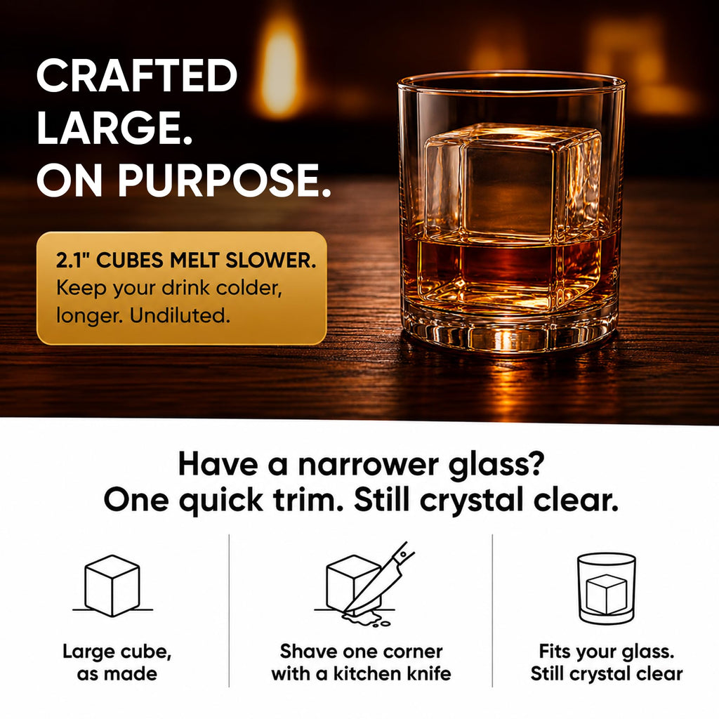 Berlinzo Clear Ice Cube Maker Mold - 8 2.1in Whiskey Squares, Non-Electric