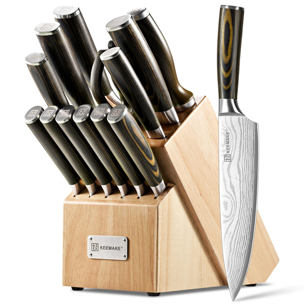 KEEMAKE 14 Piece Kitchen Knife Set with Wood Block