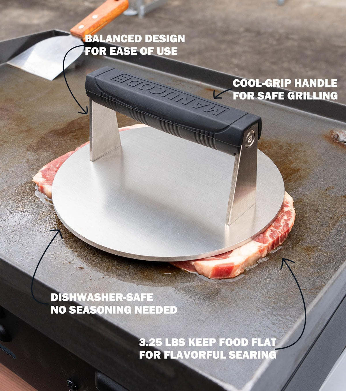 Manucode Smash Burger Press, Dishwasher Safe Stainless Steel, 8 in, 3.25 lb
