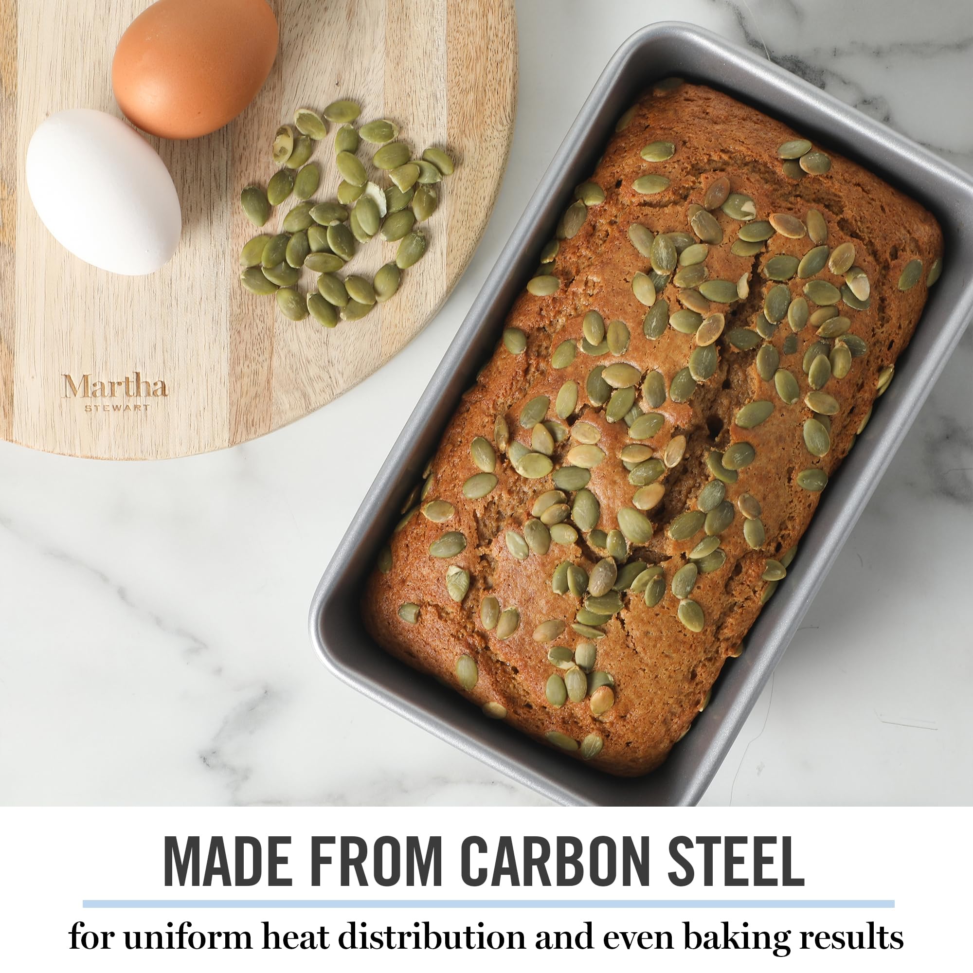 Martha Stewart Gallen 9 Inch Nonstick Carbon Steel Loaf Pan - Silver Durable Bakeware for Bread, Meatloaf & Cakes