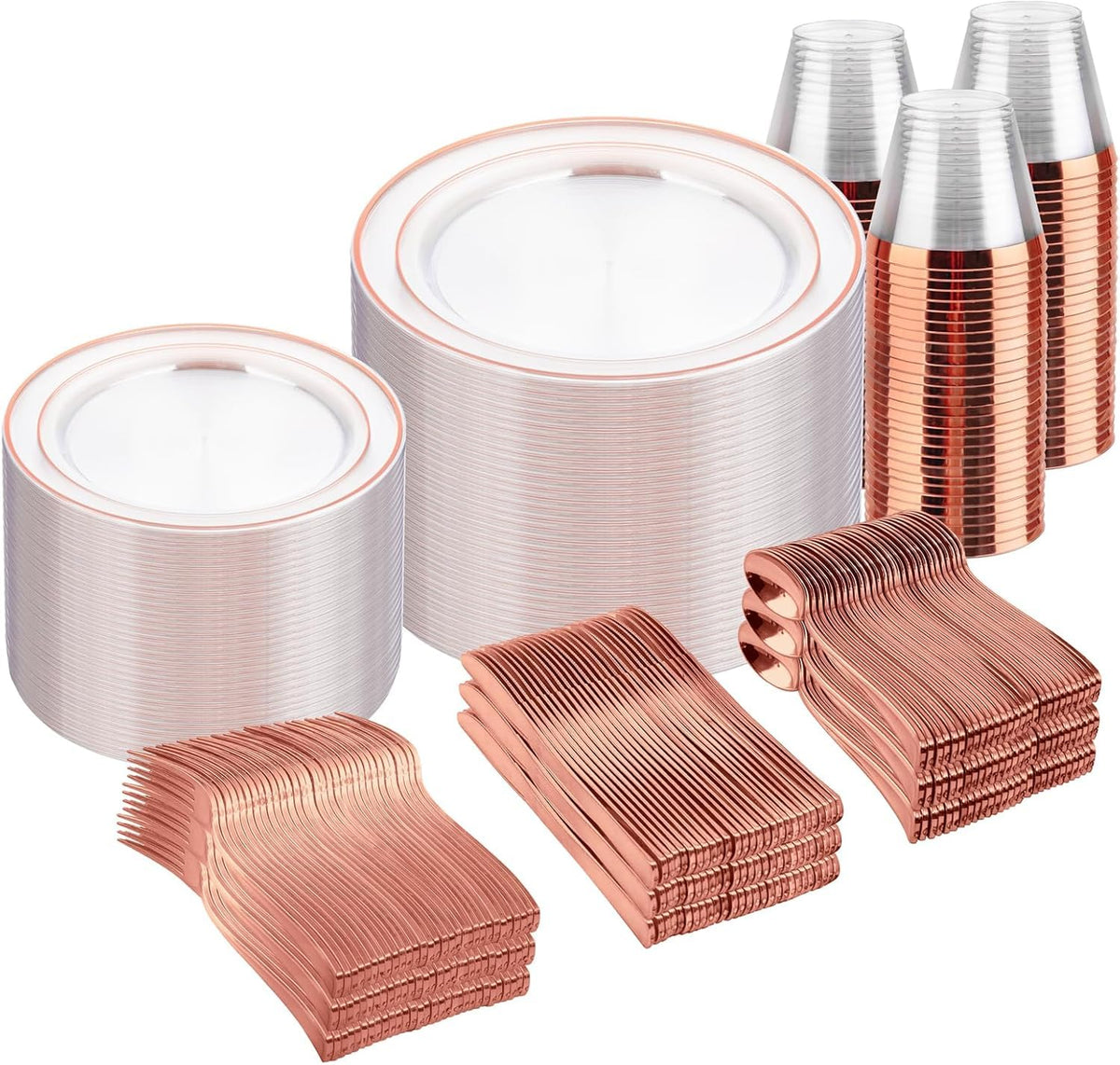 bUCLA 600PCS Clear Rose Gold Plastic Dinnerware Set Disposable - Include 100 Dinner Plates, 100 Dessert Plates, 100 Knives, 100 Forks, 100 Spoons, 100 Cups for Party & Wedding