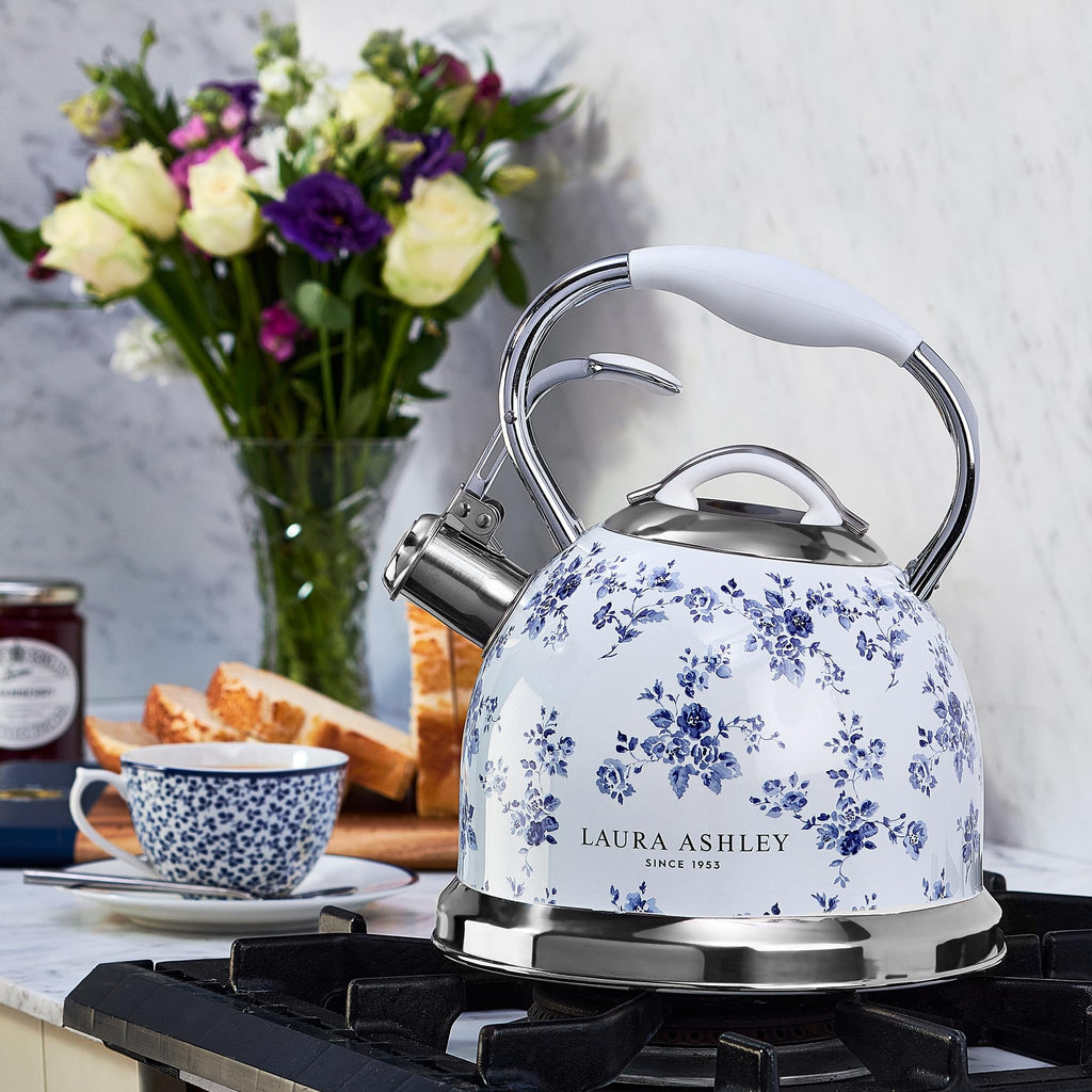 Laura Ashley China Rose Stovetop Kettle with Whistle - 2.5L Fast Boil Stainless Steel Kettle Stove Top - Silicon Coated Cool Handle Camping Kettle for Gas, Induction Hob - Compatible with Aga Stove