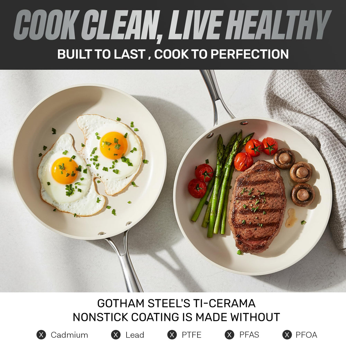 GOTHAM STEEL 10 Inch Ceramic Frying Pan Nonstick Skillet, Diamond Reinforced, PFAS & PFOA Free Non Toxic Aluminum Frying Pan, Oven Safe to 500°F, Induction Compatible, Dishwasher Safe, Cream White