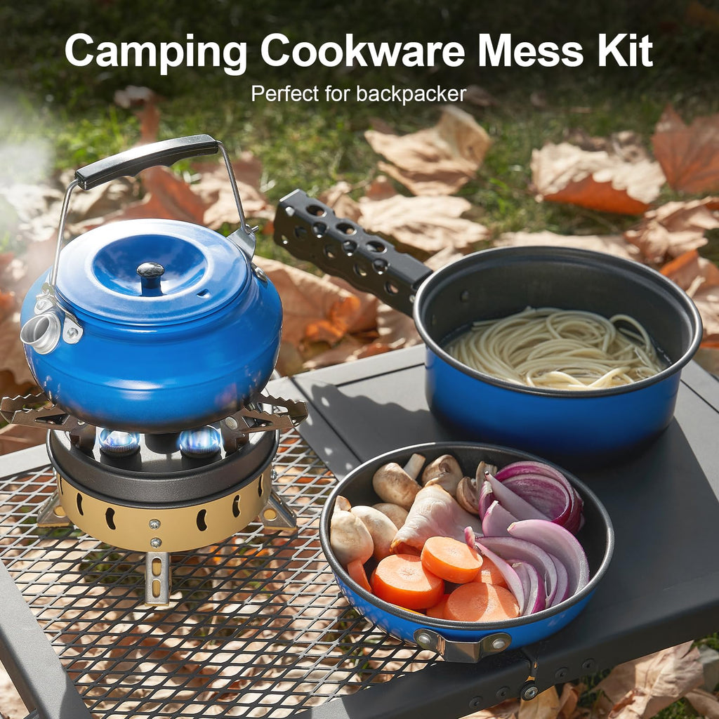 Odoland 5pcs Camping Cookware Non-Stick Camping Pot and Pan Set with Kettle and Removable Handle for Hiking Backpacking and Picnic(Blue)
