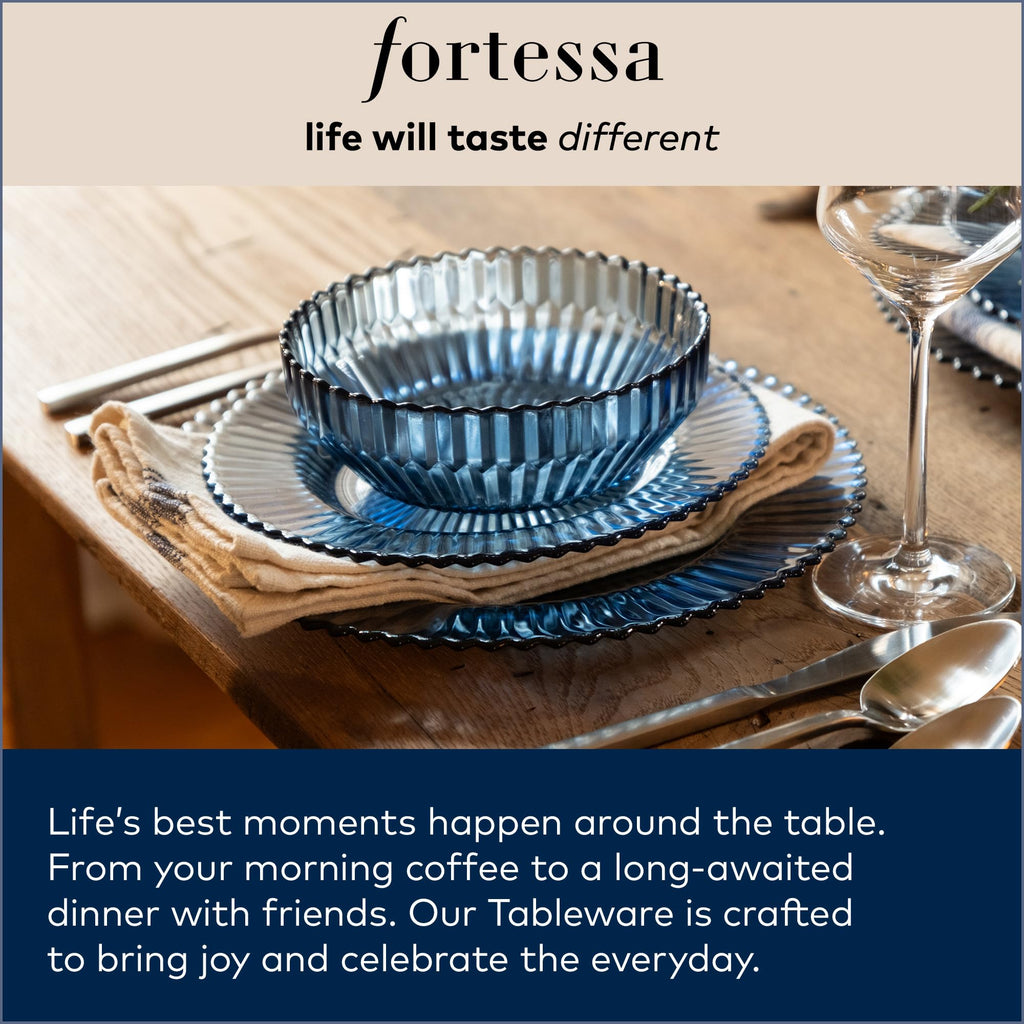 FORTESSA Los Cabos Tableware, 16-Piece Glass Dinnerware Set with 4 Dinner Plates, 4 Salad Plates, 4 Coupe Bowls and 4 Cereal Bowls, Dishwasher-Safe Glass Plate Set, Ginger Root