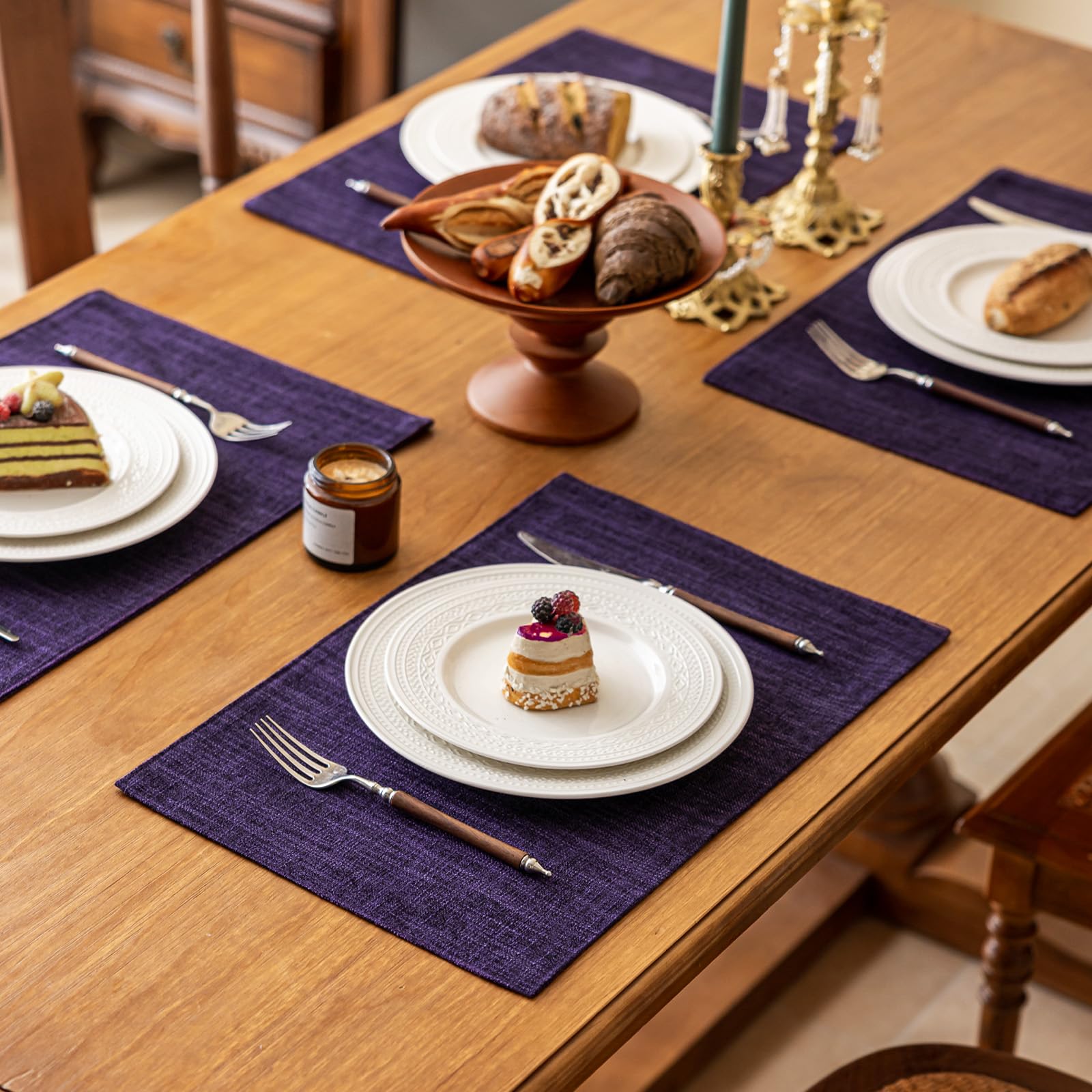 KXN Placemats Set of 8, Dual-Layer Thickened Faux Linen Table Mats, Heat Resistant & Wrinkle-Free, Machine Washable Cloth Place Mats for Kitchen Dining Indoor Outdoor (Purple)