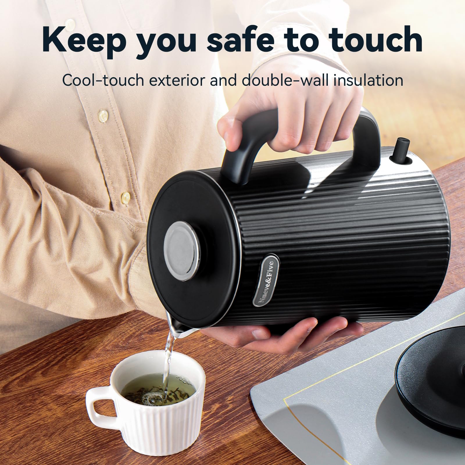 Nueve&Five 1.7L (57oz) Large Electric Kettle Perfect for 7+Cups of Tea and Coffee,2 quarts Double Wall Big Electric Tea Kettle,Auto Shut Off,1200W Hot Water Kettle Electric-Black