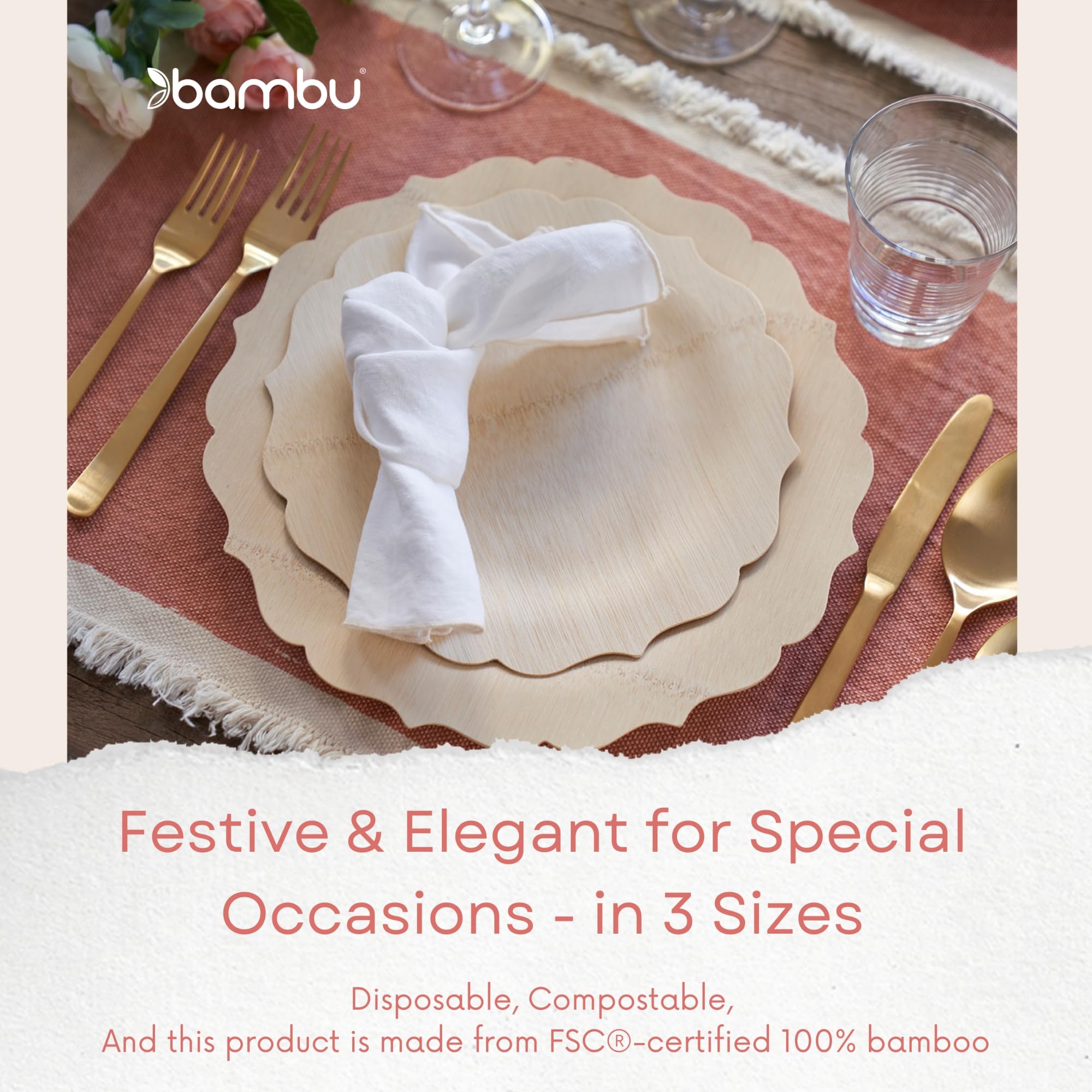 Bambu Pack of 8-7 Inch Disposable Bamboo Plates Fancy, Biodegradable Eco Friendly Products, Bamboo Disposable Plates for Events, Compostable Plates