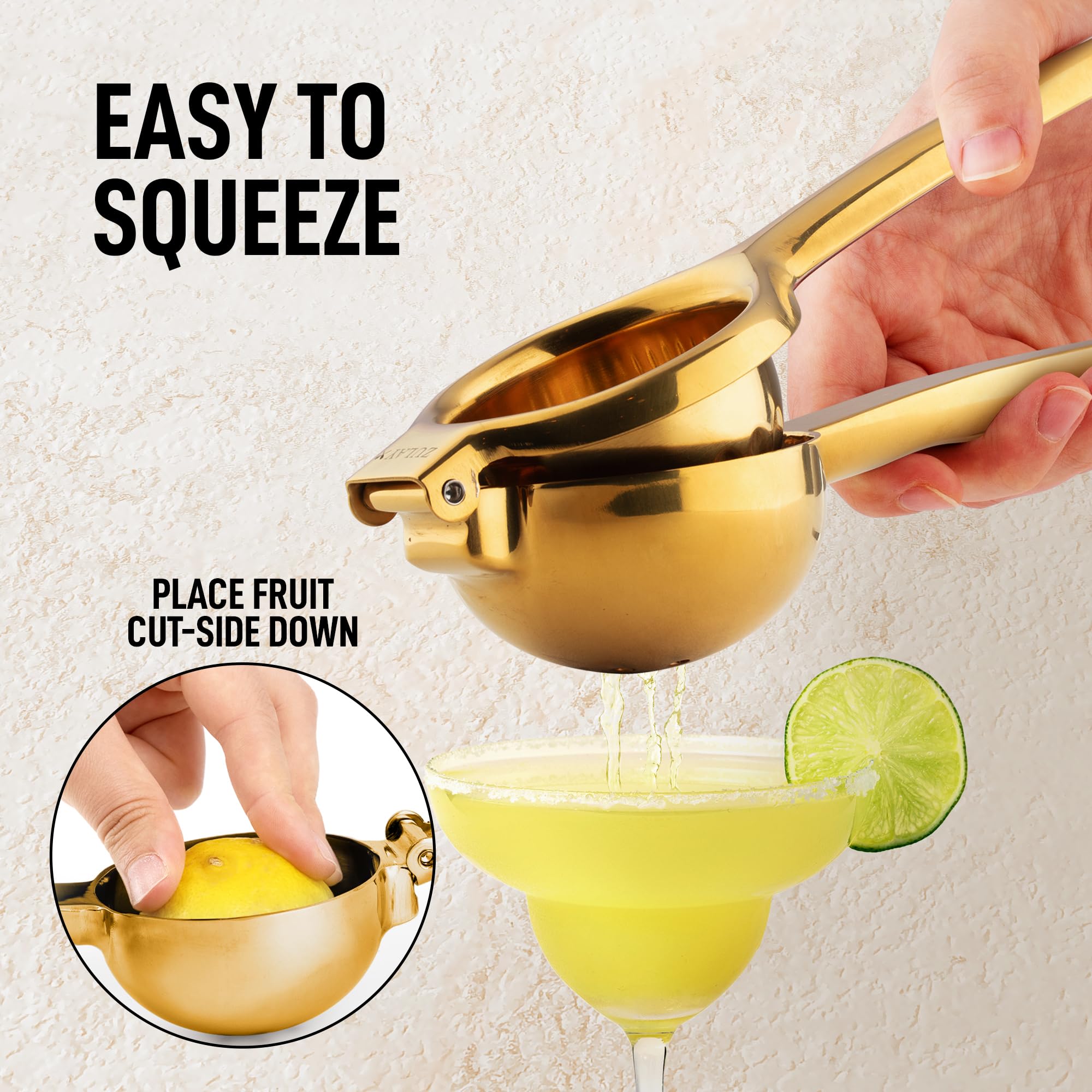 Zulay Kitchen Extra Large Lemon Squeezer Stainless Steel - Easy Squeeze Heavy Duty Lemon Juicer Hand Press - Ergonomic Citrus Squeezer & Fruit Juicer for Small Oranges, Lemons, & Limes - Gold
