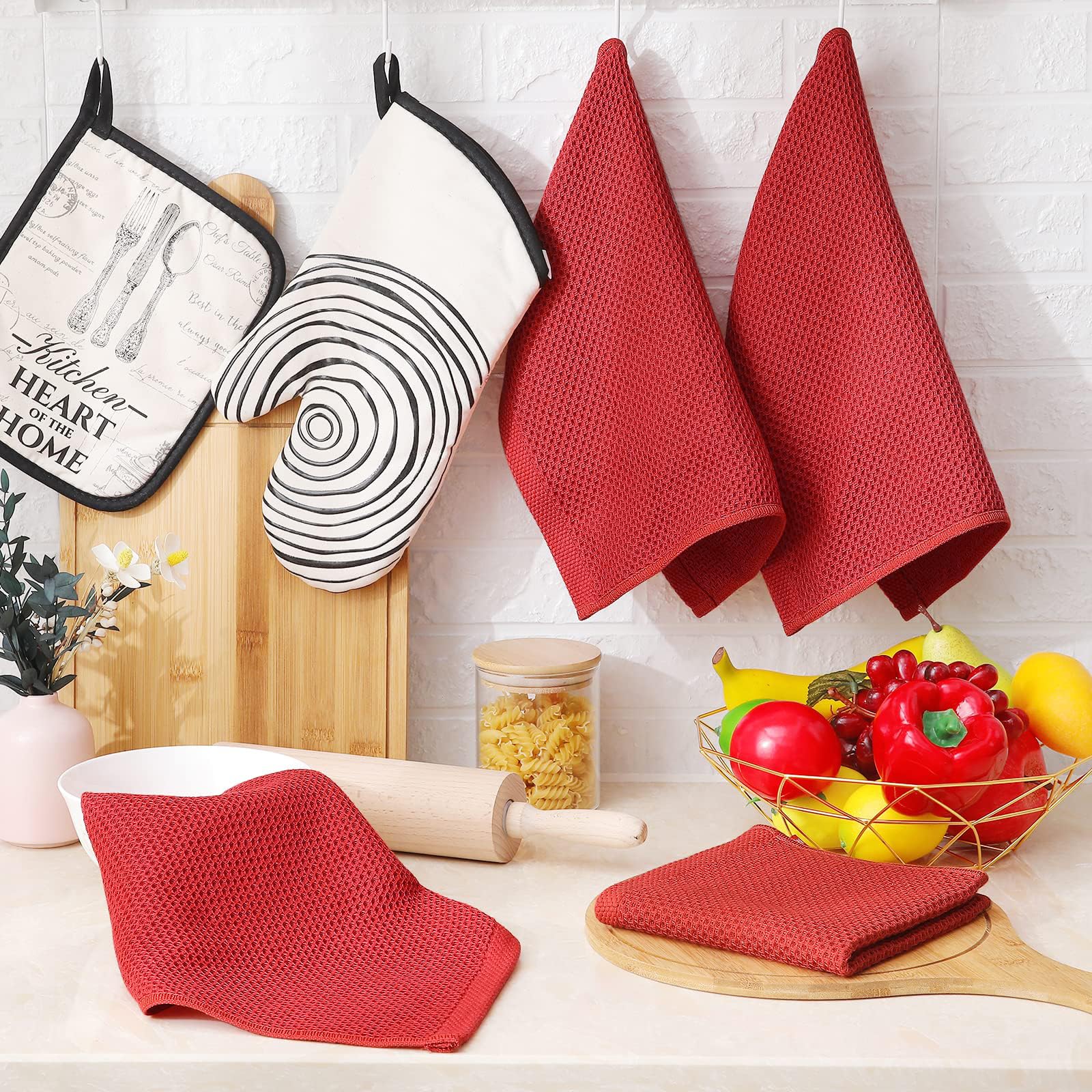 Homaxy 100% Cotton Waffle Weave Kitchen Dish Cloths, Ultra Soft Absorbent Quick Drying Dish Towels, 12 x 12 Inches, 8-Pack, Brick Red