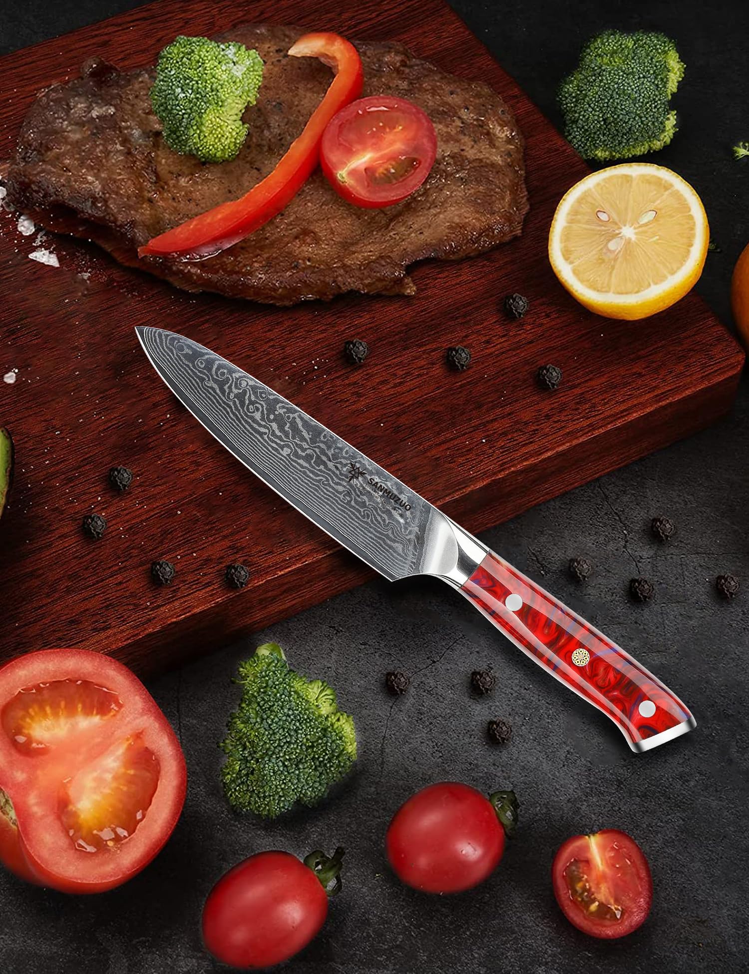 SANMUZUO 5 Inch Kitchen Utility Knife - Xuan Series Kitchen Knives - VG10 Damascus Steel with Resin Handle (Sunset Red)